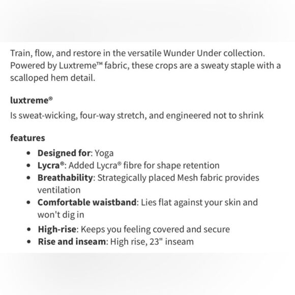 Lululemon Women’s Wunder Under High-Rise Crop 23" Scallop Luxtreme Size 2 GUC - Picture 5 of 6